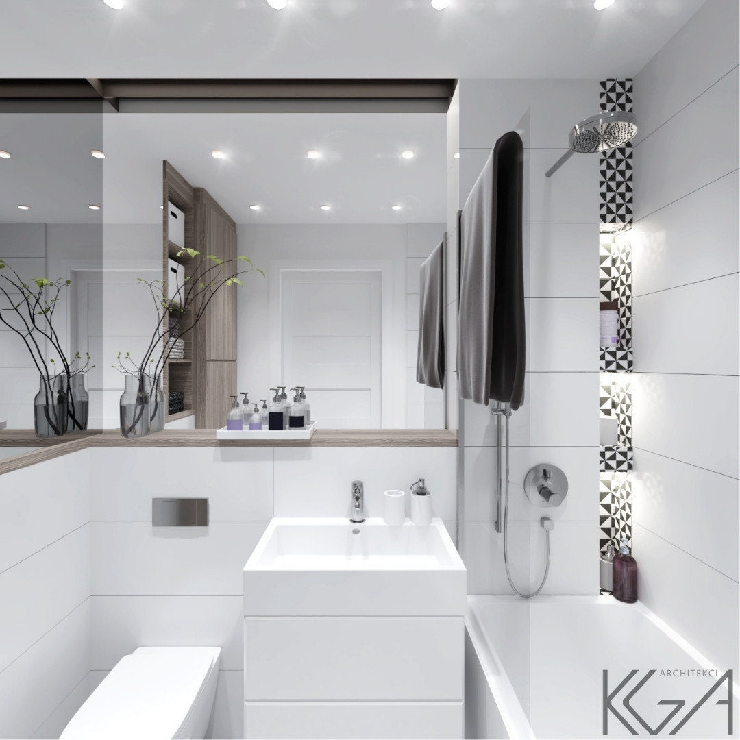 Mała łazienka w bloku z zamaskowanymi rurami